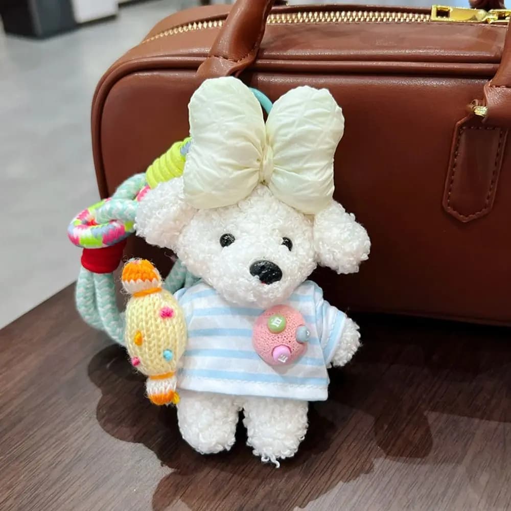 Portachiavi e Ciondolo per Borsa con Cane Dopamina Cartone Animato Trendy e Carino, con Fiocco a Strisce, Morbido e Adorabile, per Chiavi Auto e Borsa