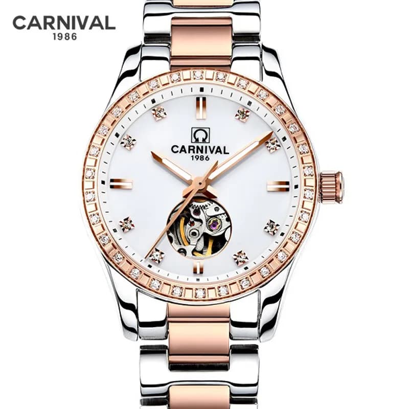 Orologi di lusso di marca Carnival per donna Orologio da polso meccanico automatico scheletrato in oro rosa impermeabile moda Reloj Mujer