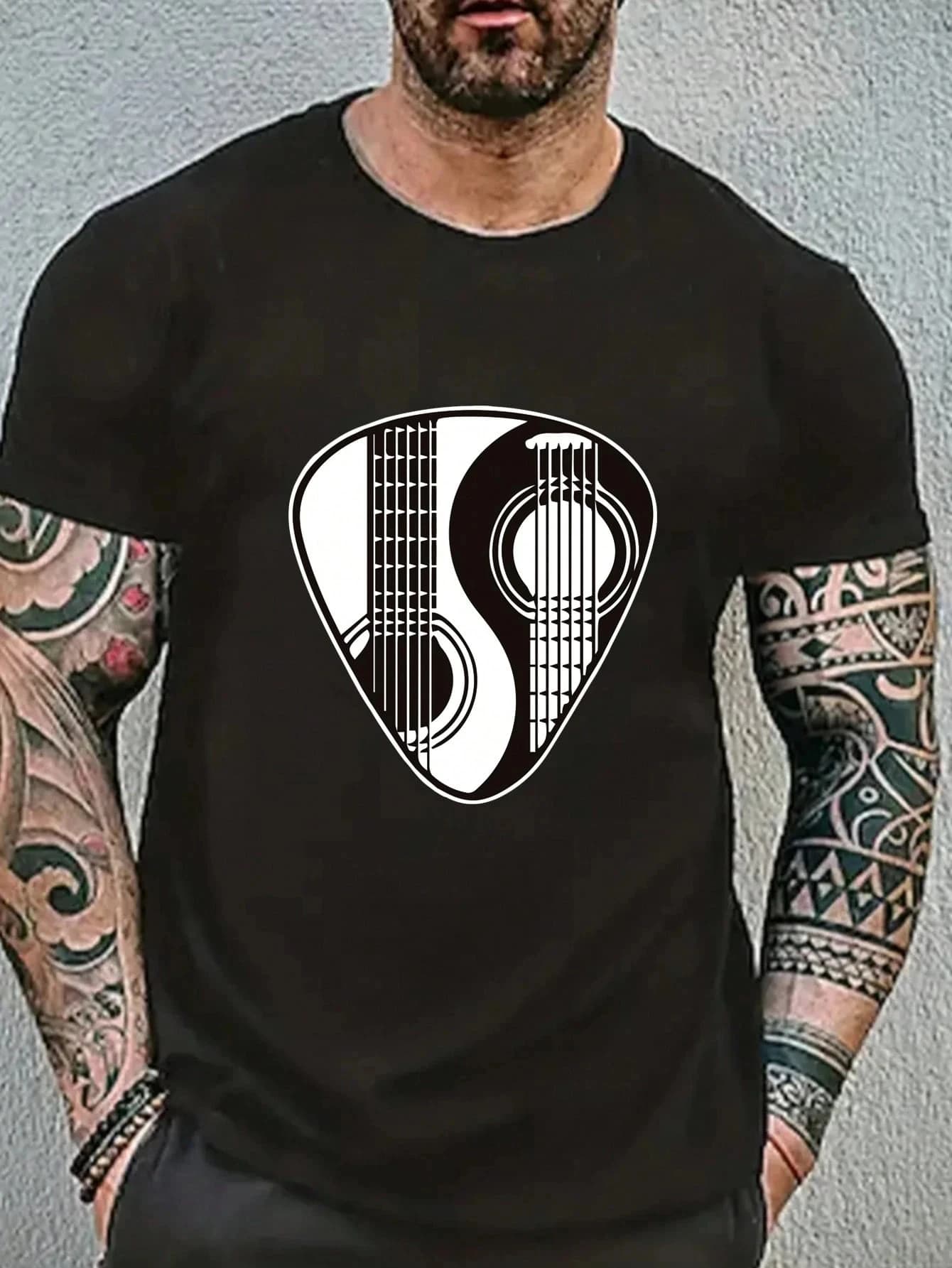 Men Musician T Shirt Guitar Pick Taiji Yin Yang Guitar Strings Symbol Art Print Crew Neck Short Sleeve Black Casual Tee Tops