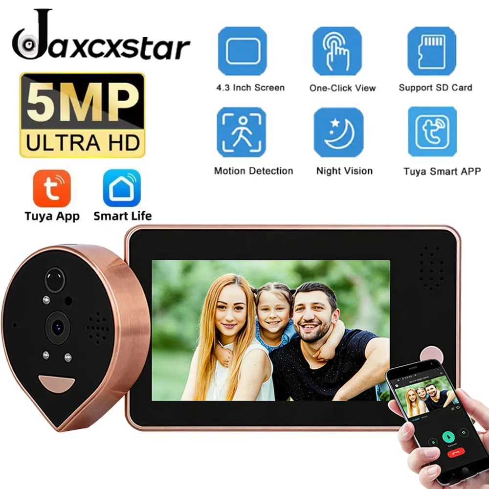 Videocitofono Digitale 5MP 2K HD con Telecamera Spioncino, Rilevamento Movimento PIR, IR, Tuya Smart Life, Batteria 5000mAh