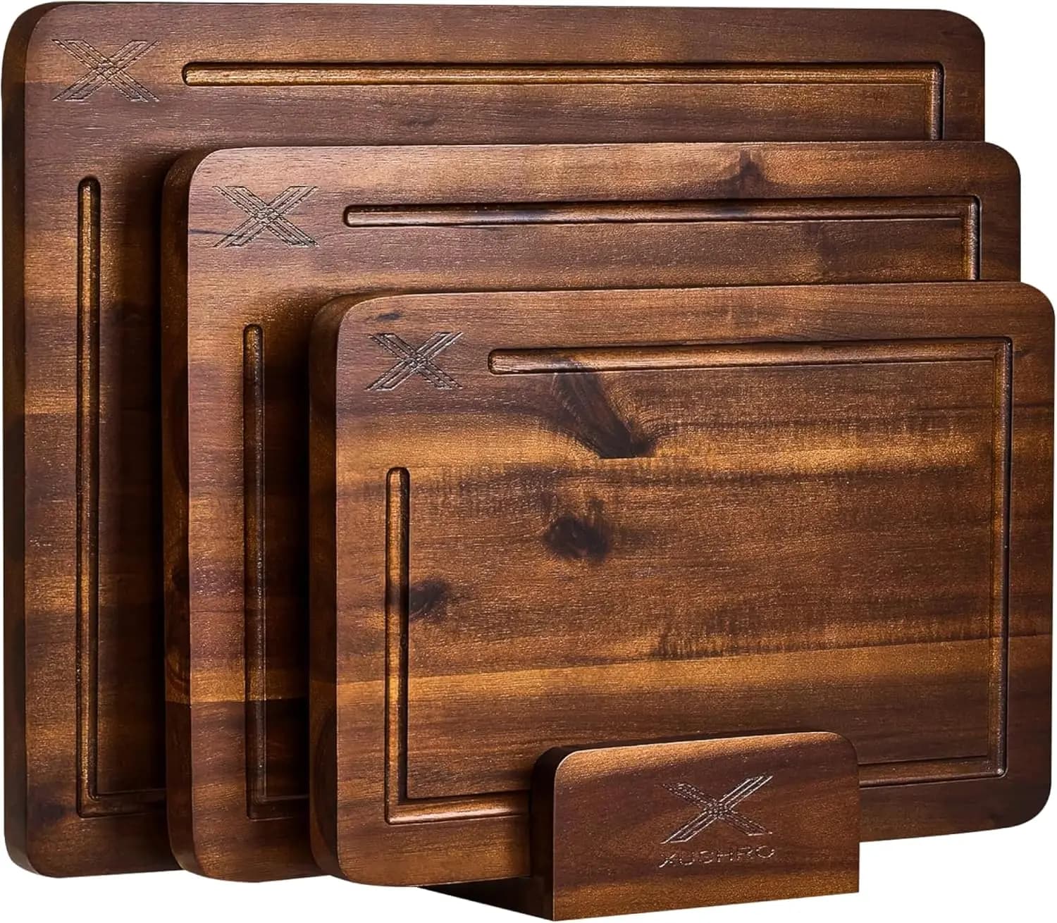 Set di 3 Taglieri in Legno di Acacia con Supporto, 16x12 14x10 12x8, Scanalature Profonde per Succhi, Base Antiscivolo, Noce