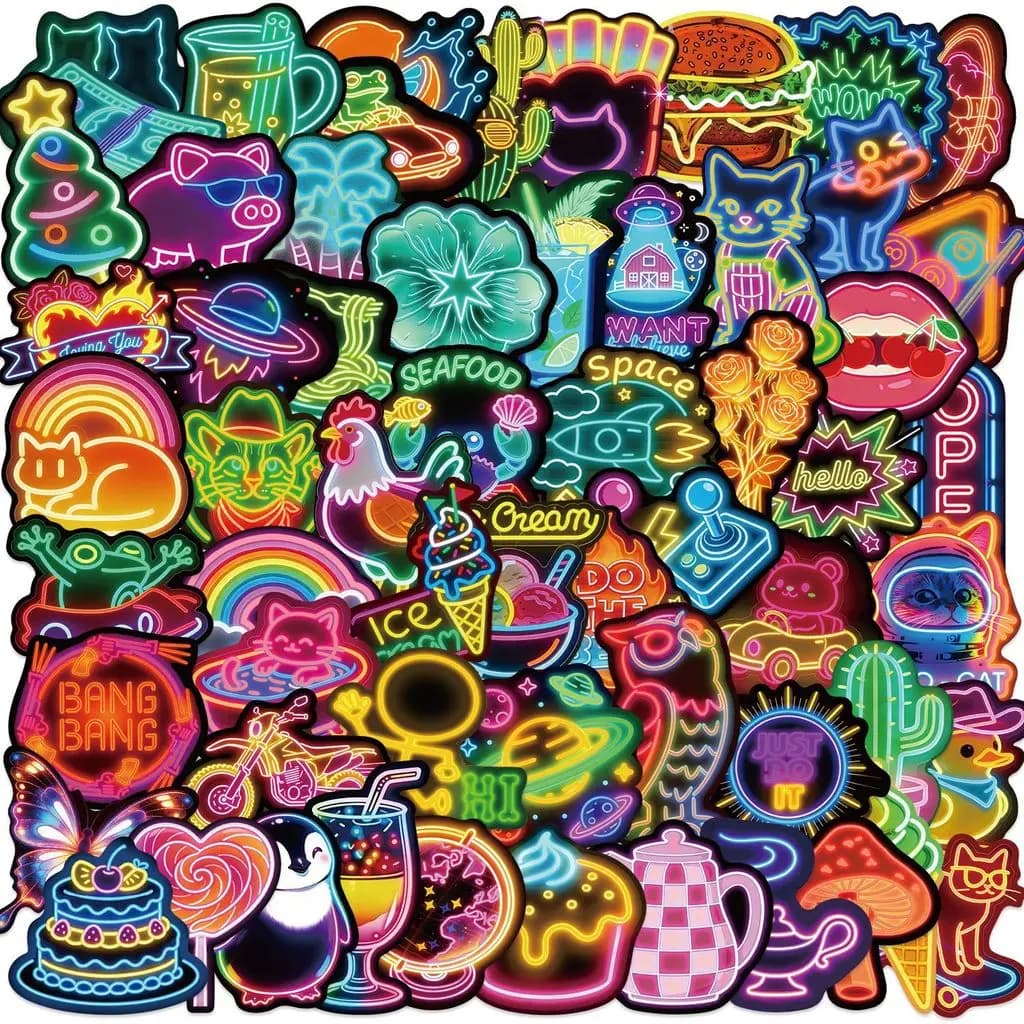 50Pcs Cartoon Neon Aesthetic PVC Stickers Waterproof for DIY Luggage Phone Guitar Giajar Sticker Store