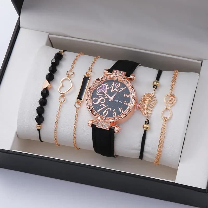 Set di 6 orologi da donna alla moda con quadrante a forma di cuore con strass, orologio al quarzo, cinturino in pelle, set di braccialetti (senza scatola)