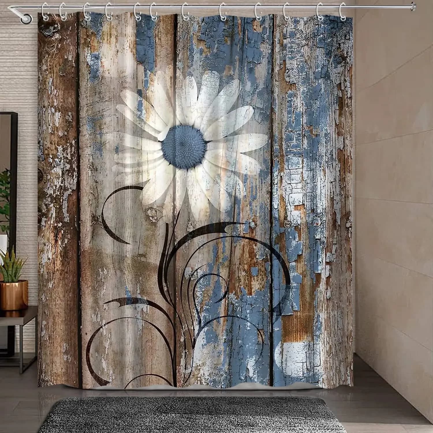 Tenda da Doccia Rustica Grigia con Motivi Floreali, Tende da Bagno in Tessuto con Farfalle e Margherite, Stile Country Americano, Decorazione per il Bagno con 12 Ganci
