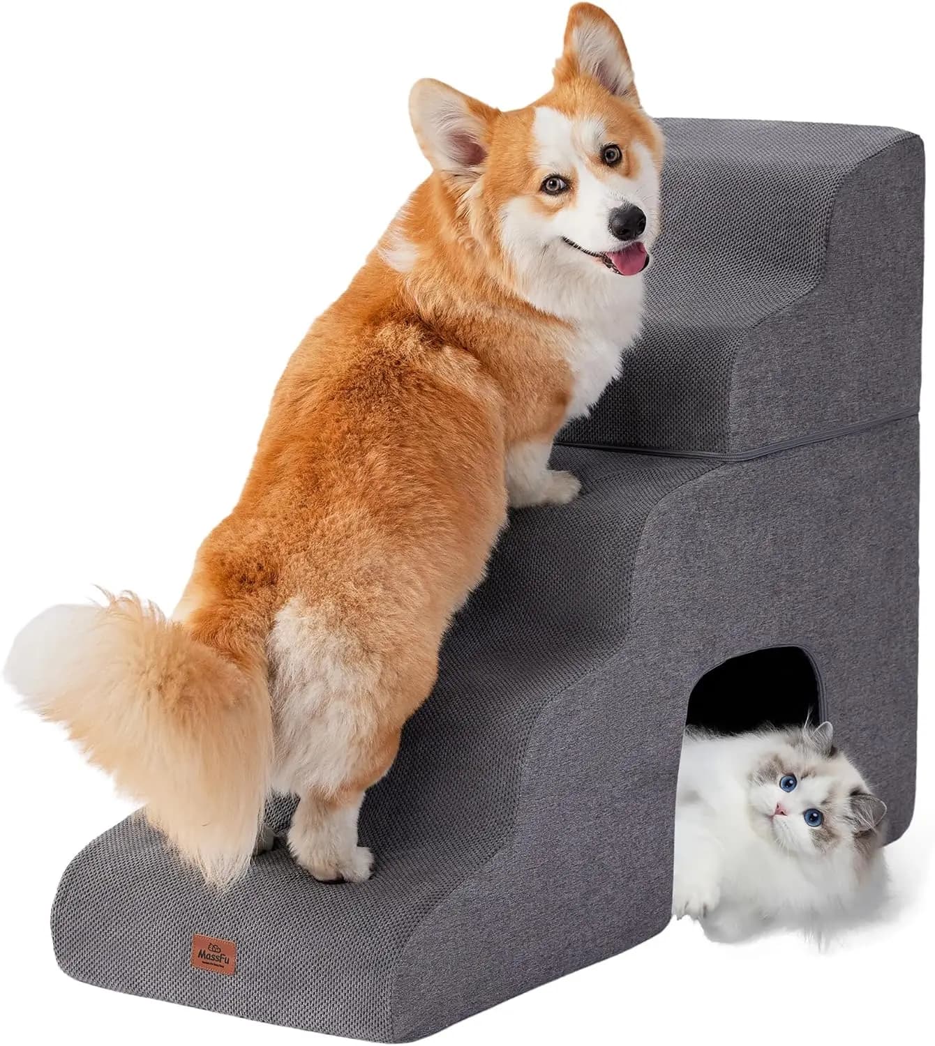 Scala Curva Grigia per Animali Domestici per Letti Alti, Rampa Antiscivolo a 5 Gradini per Cani e Gatti di Piccola Taglia