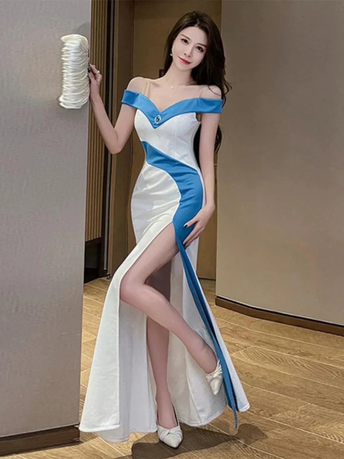 Sexy Deep V Neck Evening Gown Fish Tail Dress Elegant Split mid Waist Slimming Slim Fit Party Dress for Company Dinner