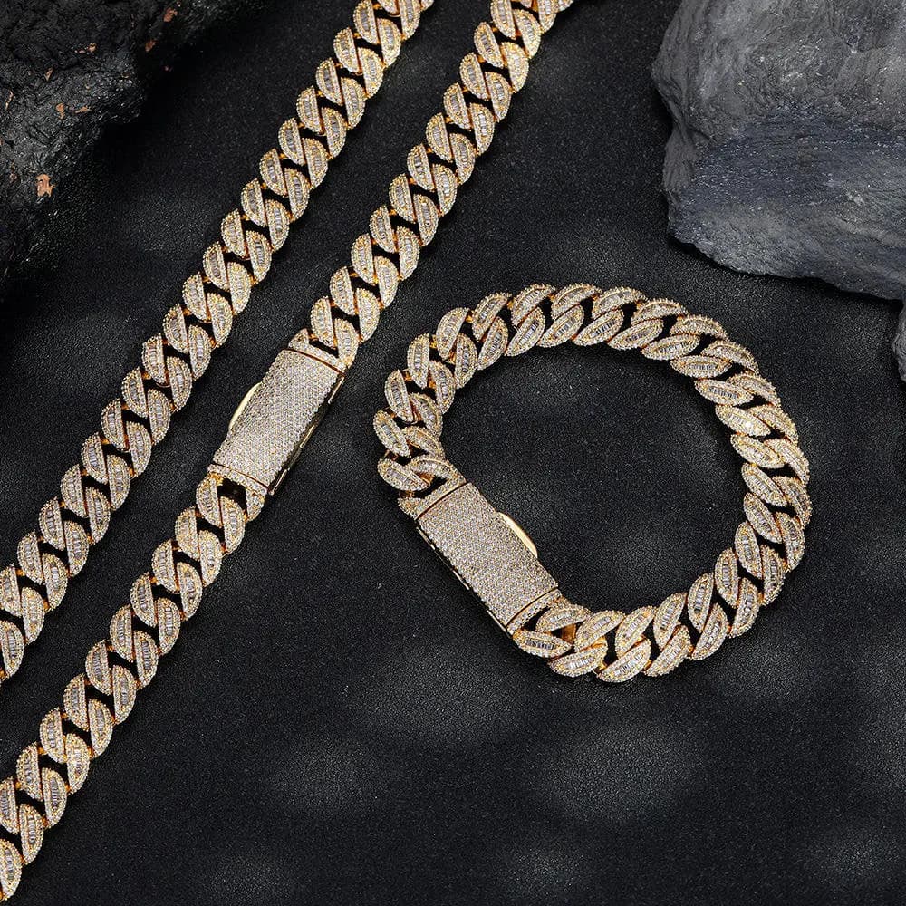 Gioielli hip hop street rock rap, catena cubana con zirconi sintetici rotondi e rettangolari da 20 mm, effetto ghiaccio brillante, collana con zirconi 5A.