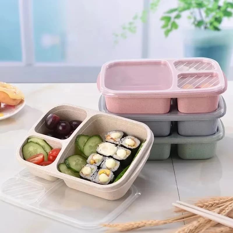 Set di 1/3 Contenitori per Pranzo Bento con 3 Scomparti, Contenitori per Alimenti in Paglia di Grano, Scatola per Preparazione Pasti, Contenitore in Plastica per Conservazione Alimenti