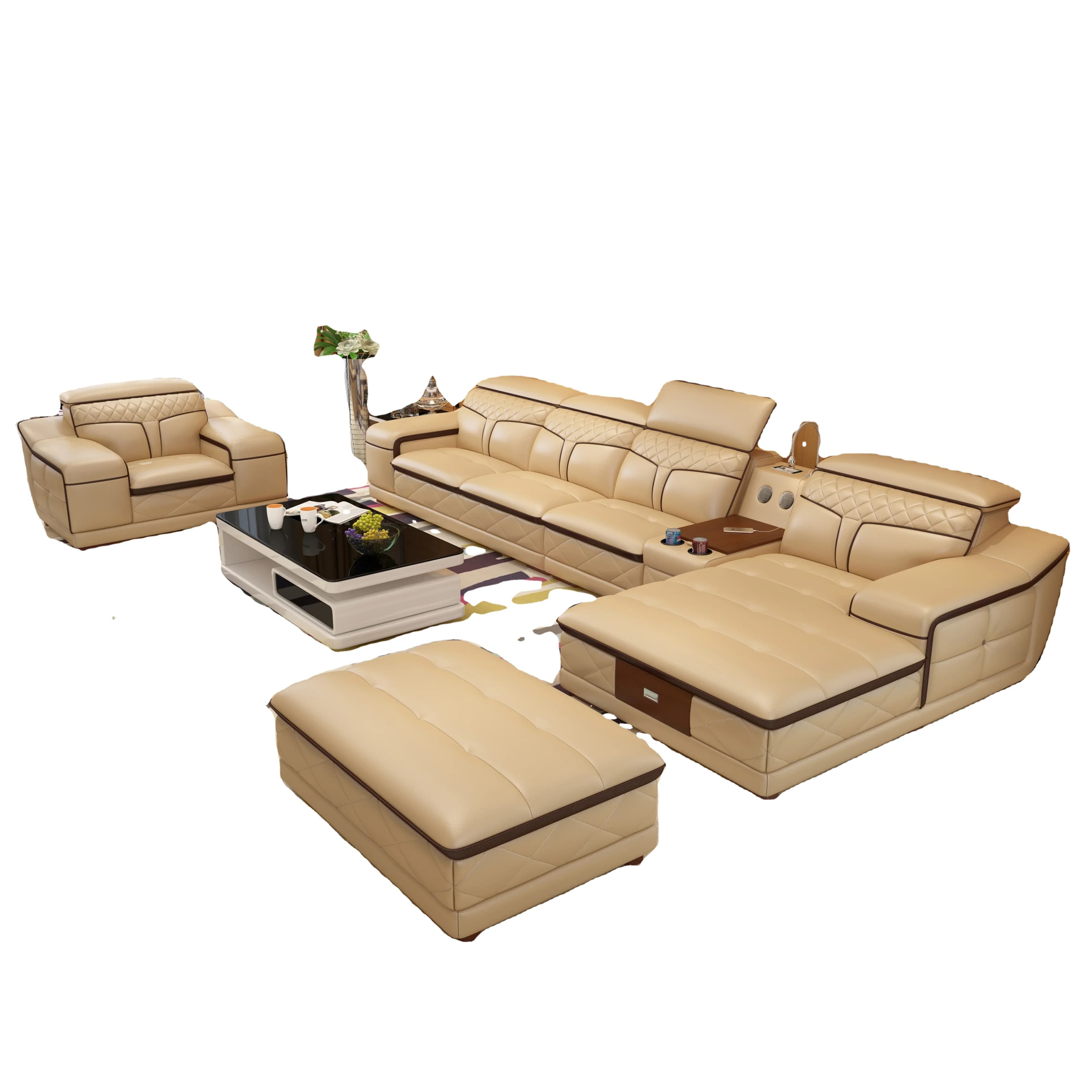 -Set divano in pelle premium con portabicchieri, USB, poggiatesta regolabili e divani da soggiorno con altoparlante Bluetooth
