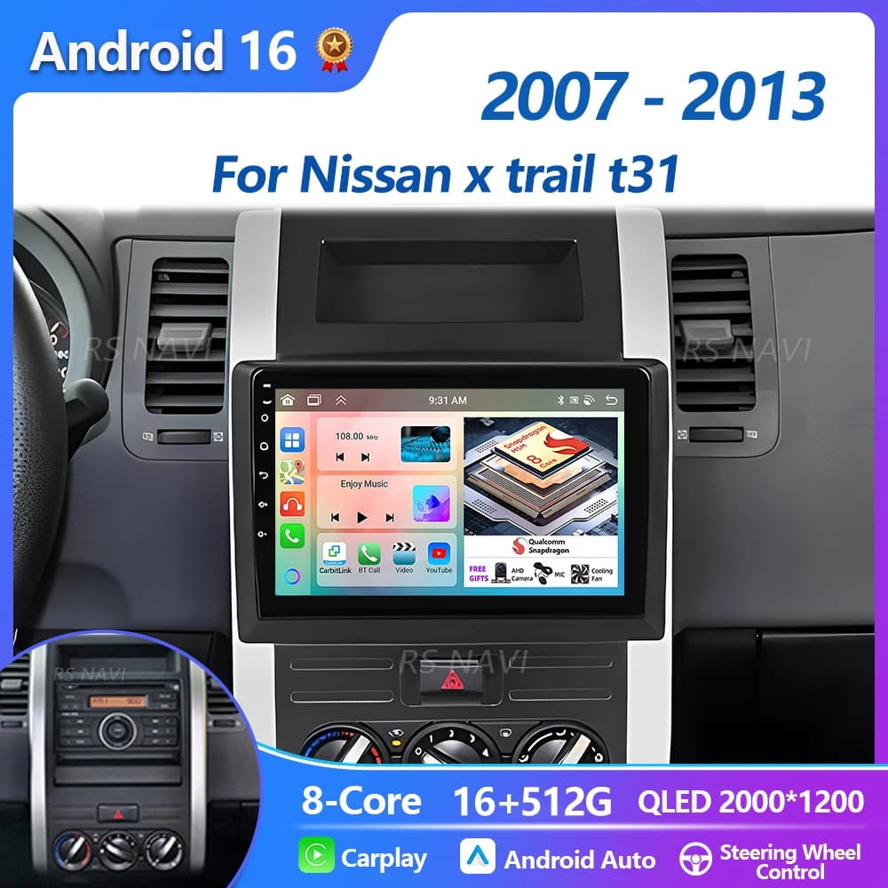 Autoradio Android 16 Plug and Play per Nissan X-Trail T31 2007-2013, Carplay Auto, schermo 2K, lettore multimediale, video stereo 2DIN