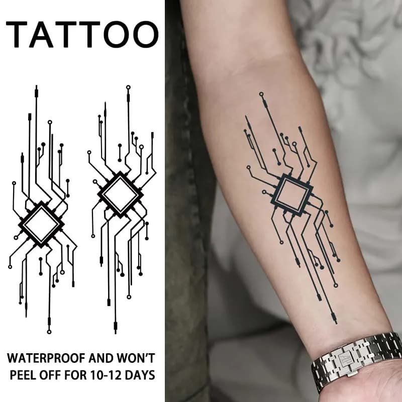 Design a tema tecnologico con circuiti chip, adesivi per tatuaggi temporanei impermeabili da 1 pezzo.