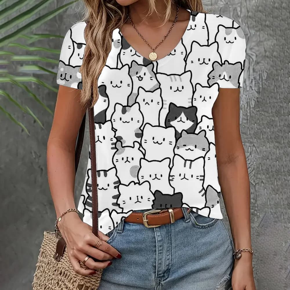 2024 nuove donne abbigliamento T-shirt estate allentato manica corta 3d gatto stampa Top moda scollo a V abbigliamento casual T-shirt da donna