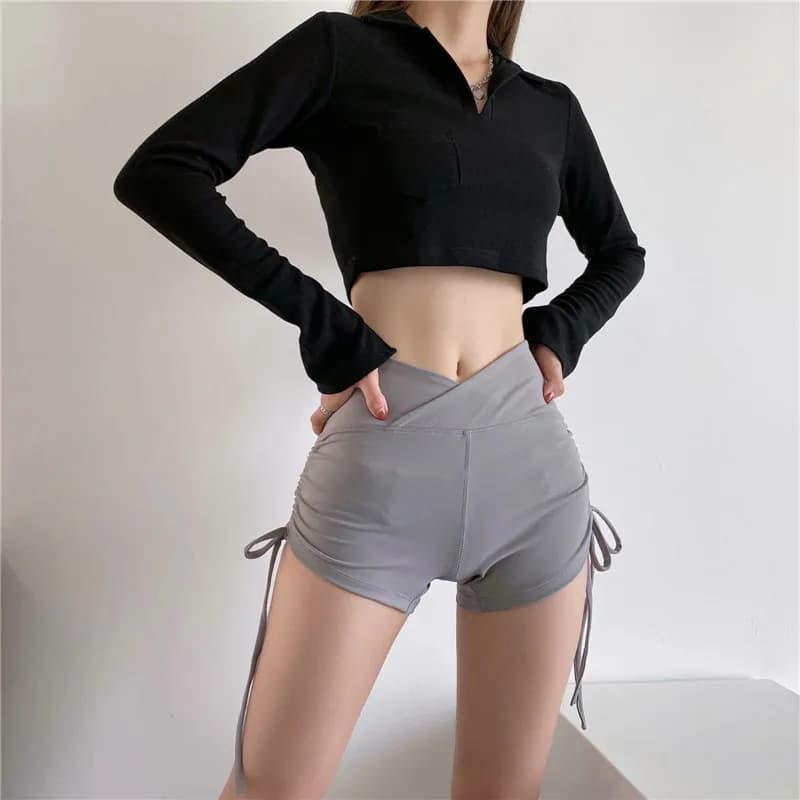 Pantaloni a vita alta con orlo piegato Dstring Design con cintura aderente Pantaloni a 3/4 di lunghezza Yoga Running Cross orts Pantaloni casual da donna