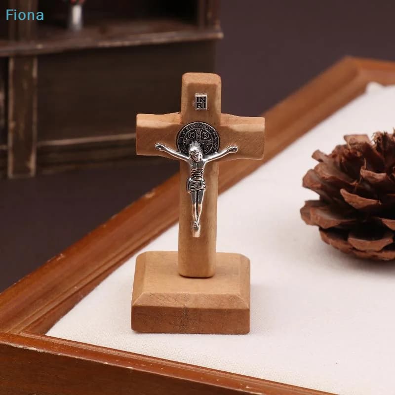 ♬Wooden Standing Crucifix with Saint Benedict Medal,Tabletop Cross with Jesus Figurine for Home Altar & Religious Decor