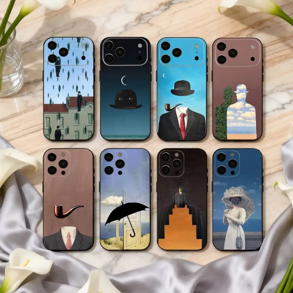 Cover Morbida Nera H-Rene M-Magritte-S A-Art per iPhone 17 Pro, 16, 15, 14, 13, 12, 11, X, XR Plus e Altri Modelli