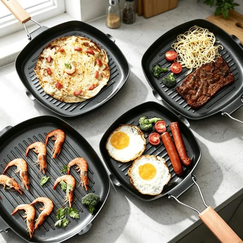 Foldable Portable Outdoor Frying Grill Pan with Anti-Scald Wooden Handle and Double-Mouth Steak Pan, no lid, suitable for campin