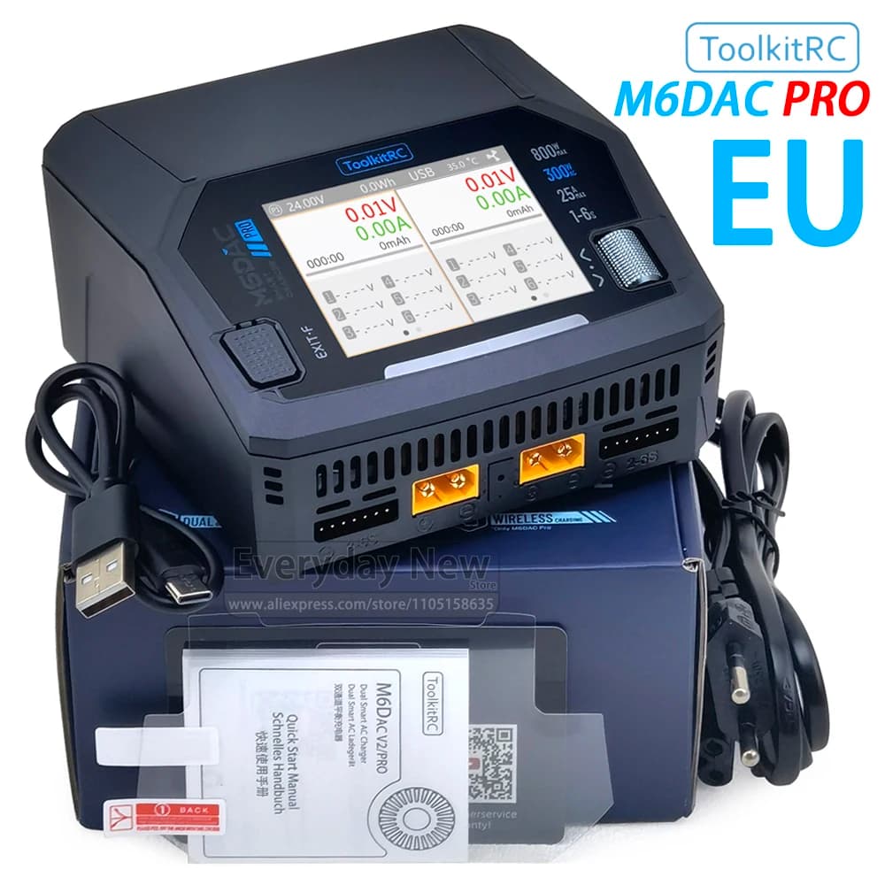 ToolkitRC M6DAC PRO Caricatore Veloce 1-6S Equilibrio Intelligente 2CH AC/DC Giocattolo Modello di Auto Drone Alimentazione Batteria Al Litio XT60 IPS FPV EU