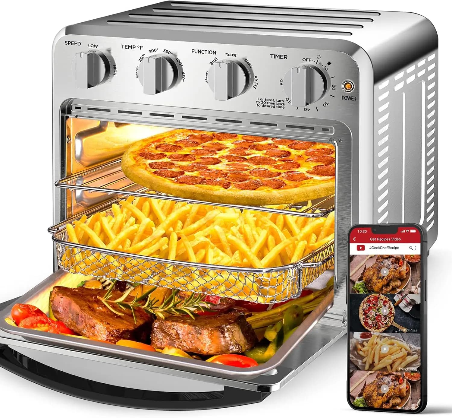 Countertop Cooking with 16QT 5-in-1 Air Fryer Toaster Oven, Stainless Steel, Bake, Air Fry, Toast, Broil and Warm Functions