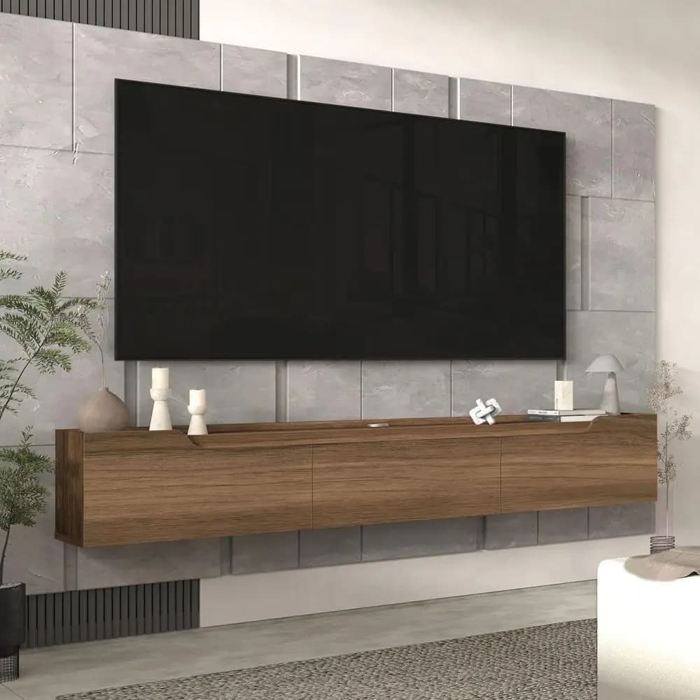 Mobile TV Sospeso in Noce per TV da 80 Pollici - Centro Intrattenimento a Parete con Spazio Contenitivo e Gestione Cavi