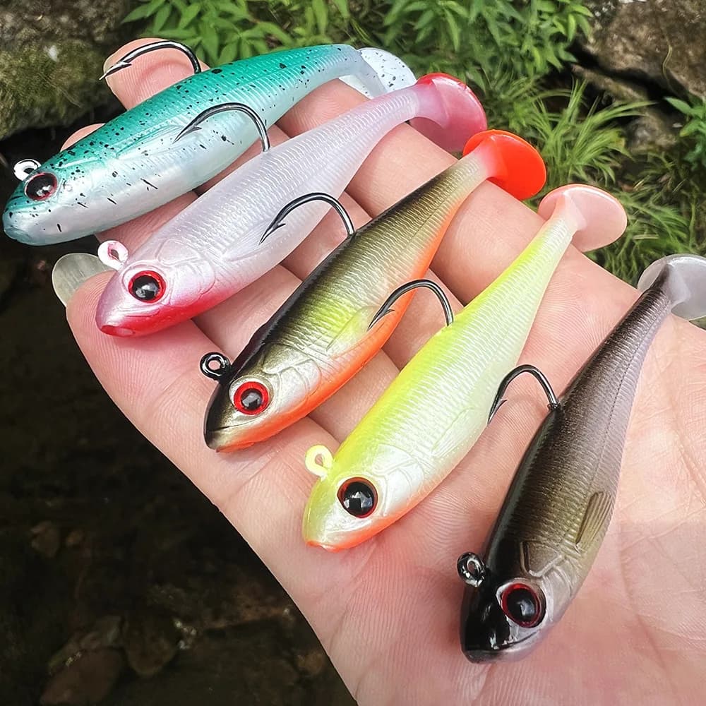 Set da 5 esche morbide affondanti a coda a T, 6,5g 12,5g, con amo singolo per tutta la colonna d'acqua, esche morbide realistiche a coda a T
