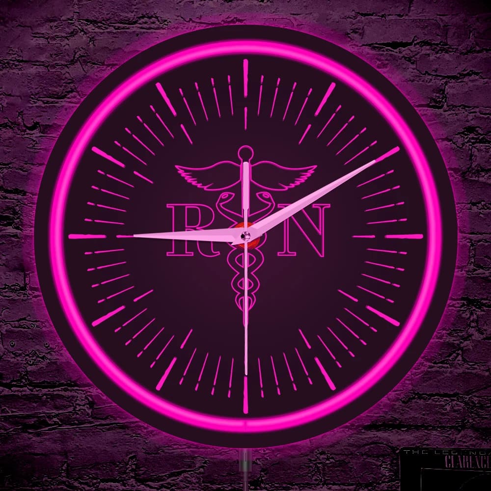 Registered Nurse Caduceo Logo LED Teaches Neon Wall Clock for Hospital Doctor Wall Clock for Medical Office RN Appreciation Gift for Nurse