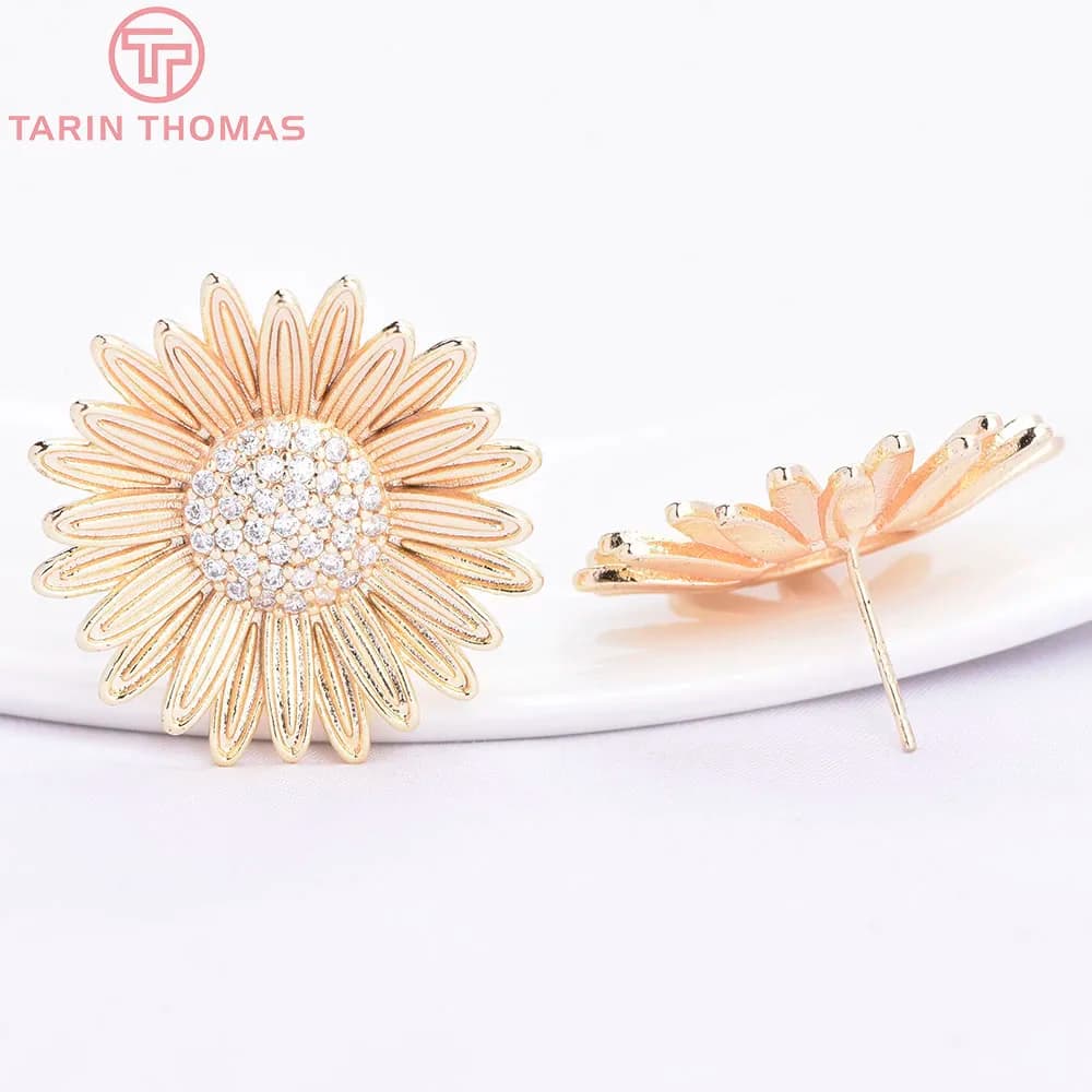 (10642) 2PCS 25.5MM 18K Gold Color Brass with Zircon Daisy Shaped Sunflower Shaped Stud Earrings High Quality Jewelry Findings