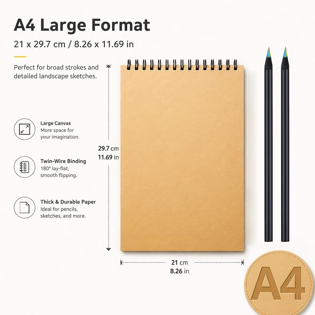 2 tubes of black colored pencils + 1 yellow sketchbook (A4/A5/A6/16K), suitable for students and adults to draw and sketch.