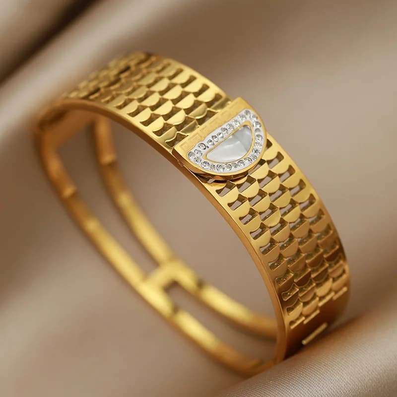 Stainless Steel Crystal Wide 18K PVD Plated Bracelets for Women Fashion Brand Jewelry Classic Golden Geometric Bangle