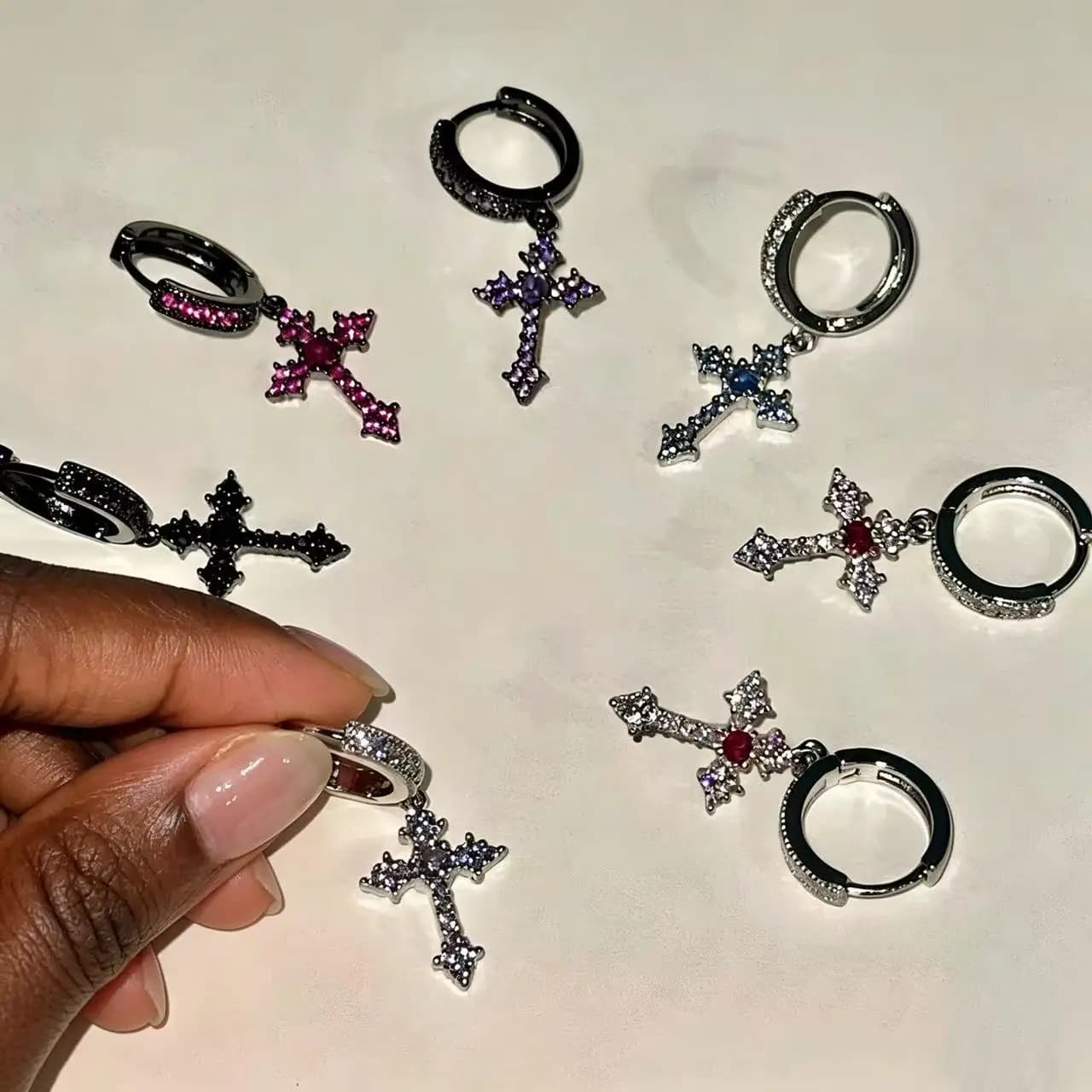 Single Cross Dangle Hoop Earrings Multi Color Rhinestone Cross Drop Earring Y2K Gothic Punk Hip Hop Jewelry For Women Men