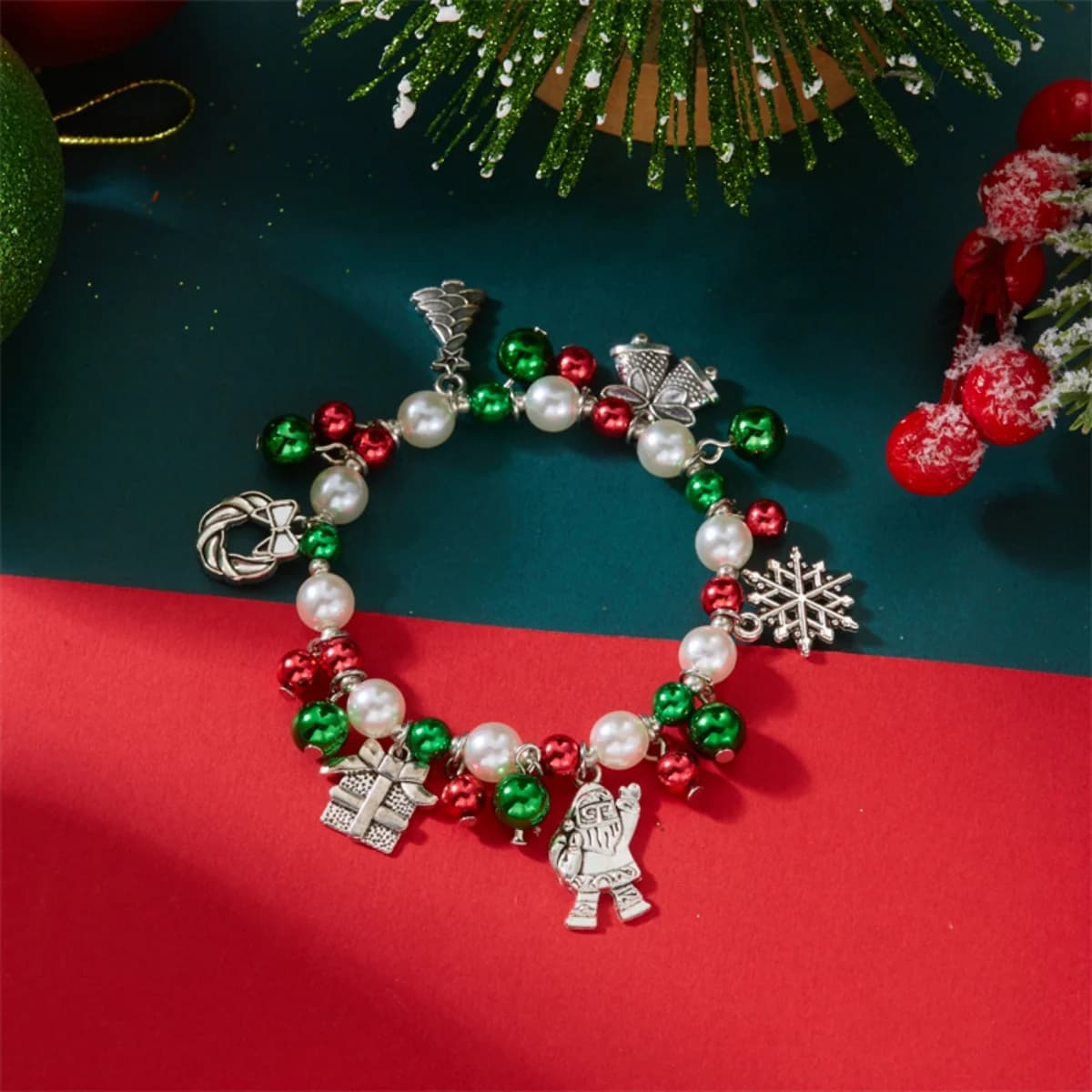 Christmas Tree Santa Claus Snowman Beaded Bracelets Trendy Snowflake Wreath Sock Red Green Bells Bangles For Women Men Jewelry