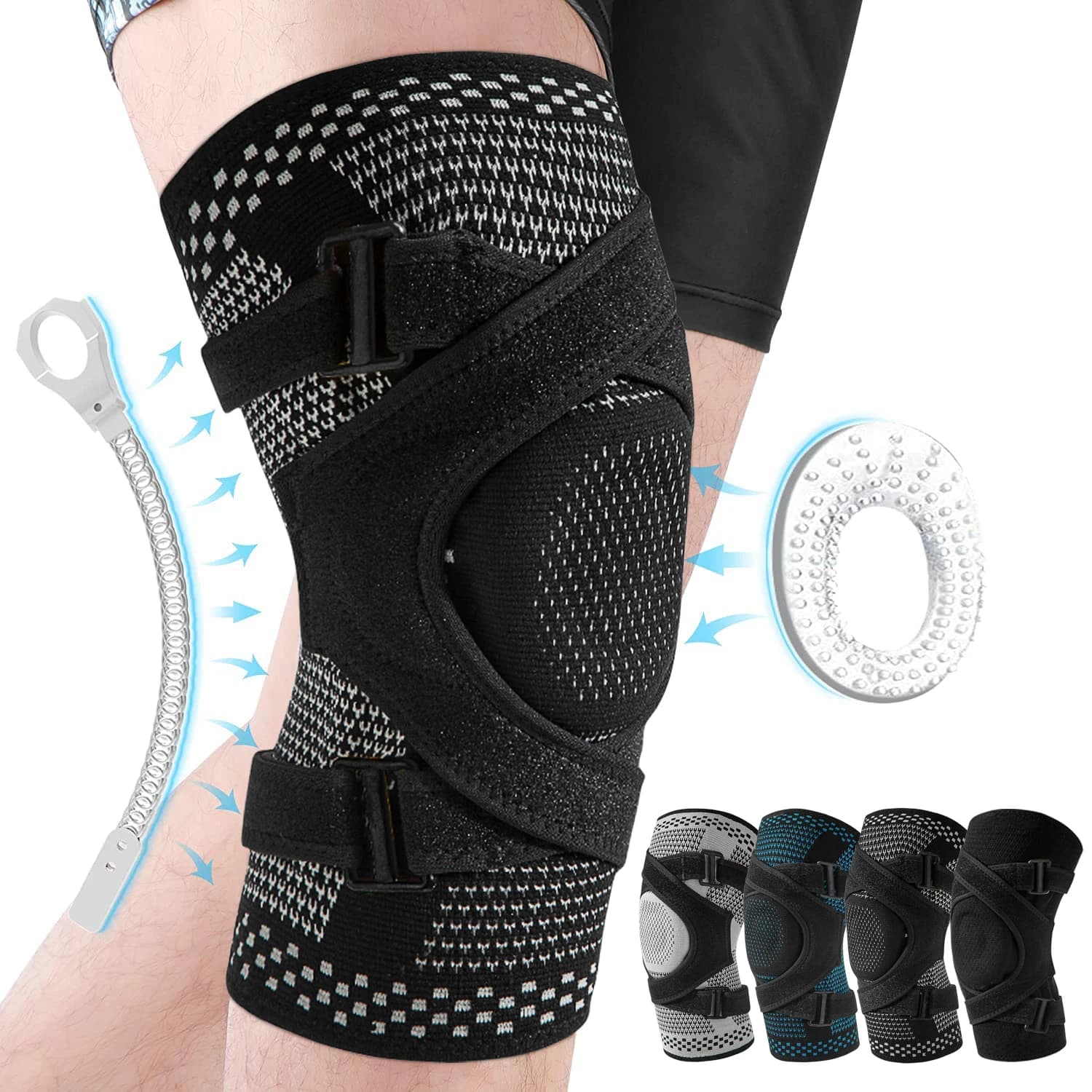 Supporto per ginocchiera con cinghie Stabilizzatori laterali e cuscinetto in gel rotuleo Manicotto di compressione per dolore al ginocchio Strappo al menisco Corsa e lavoro