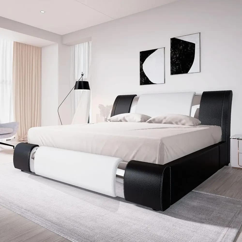 Letto matrimoniale con decorazioni in ferro, letto a piattaforma imbottito in similpelle con piano regolabile e robuste doghe in legno, senza materasso a molle