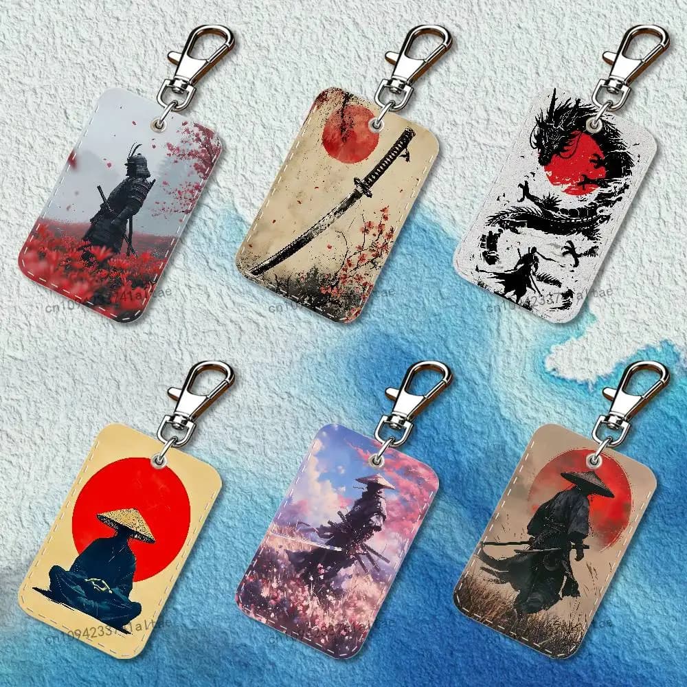 Portachiavi Rettangolare Samurai Giapponese, Porta Tessere in Pelle, Custodia per Carte d'Accesso, Anello Portachiavi