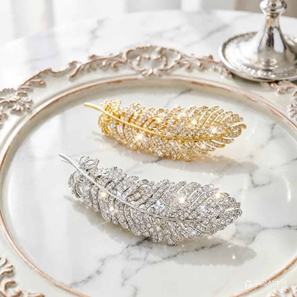 Fermaglio per capelli con piuma di cristallo per donna, forcina con strass placcata oro e argento, elegante barretta, accessori per capelli brillanti