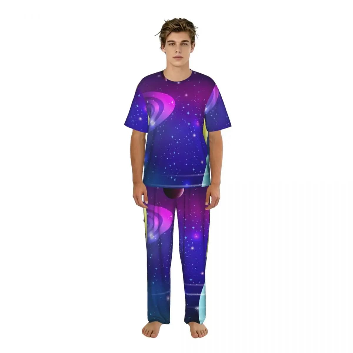 Men's pyjamas with galactic background, short sleeve, spring summer, men's nightwear