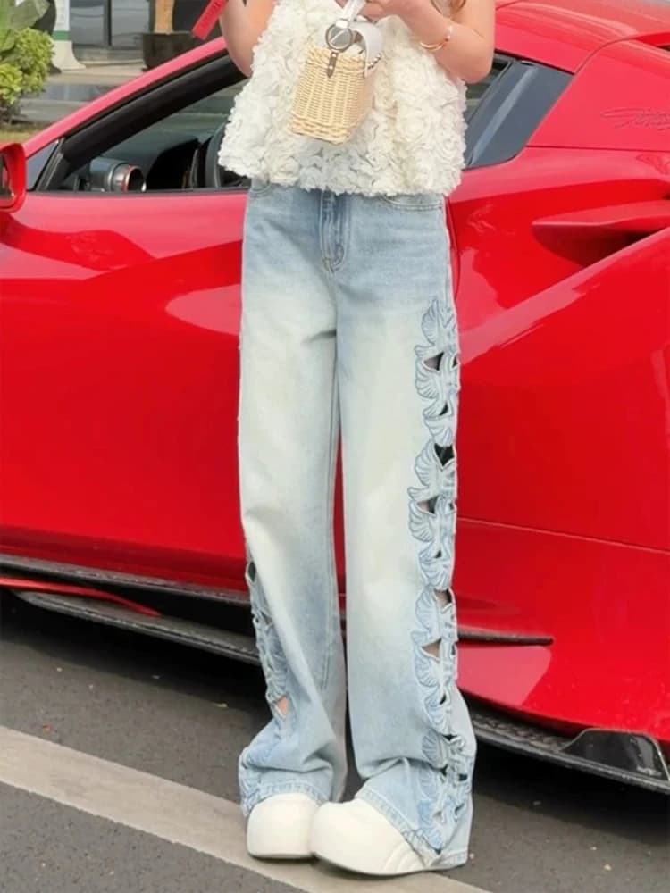 Blue Heavy Embroidery Hollow out Wide Leg Jeans Women's Summer 2026 New Design Loose Straight Floor-Length Pants