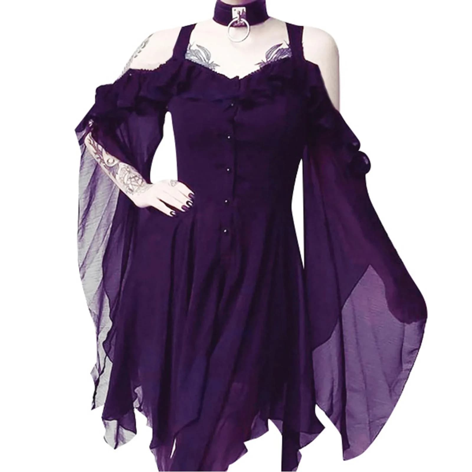 Gothic Punk Strap Dress Women Cosplay Costume Ruffles Flare Sleeve Sexy Off Shoulder Irregular Hem Goth Swing Party Dresses