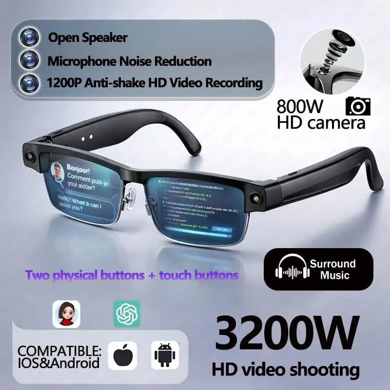 Occhiali Smart Al con Fotocamera 800W, Registrazione Video HD 1200P Anti-vibrazione, Traduzione, Assistente Vocale, Musica, Chiamate BT
