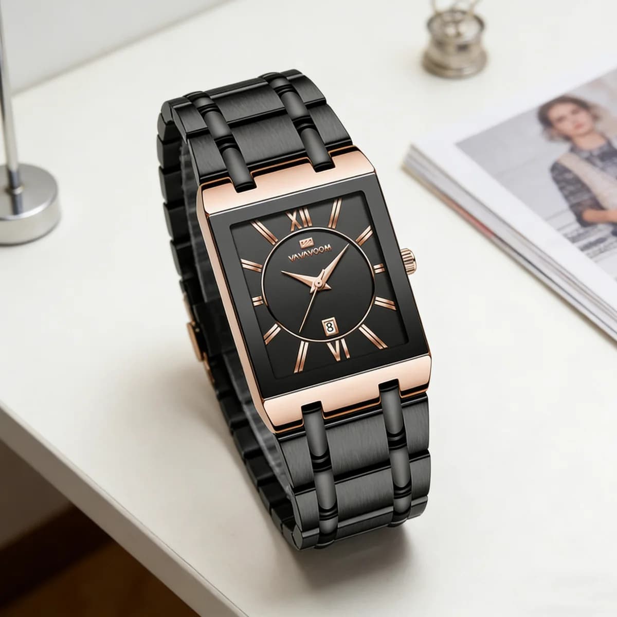Orologio da Uomo Quadrato 41mm con Anello in Oro Rosa, Cassa in Acciaio Inossidabile Nero, Movimento al Quarzo, Impermeabile per Uso Quotidiano e Riunioni di Lavoro