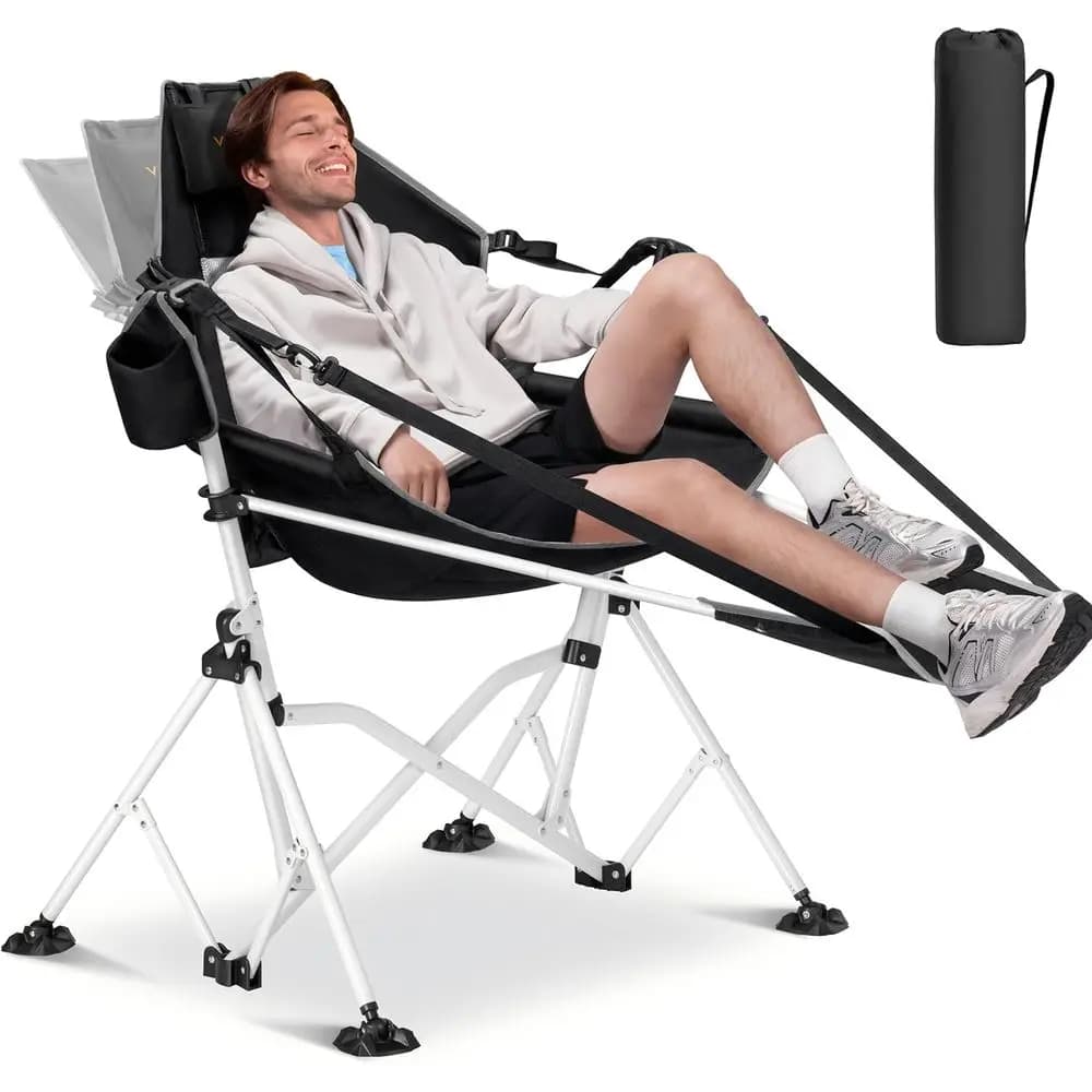 Sedia amaca portatile da esterno con poggiapiedi rimovibile, cuscino e altezza regolabili, supporta fino a 180 kg per viaggi, giardino, patio
