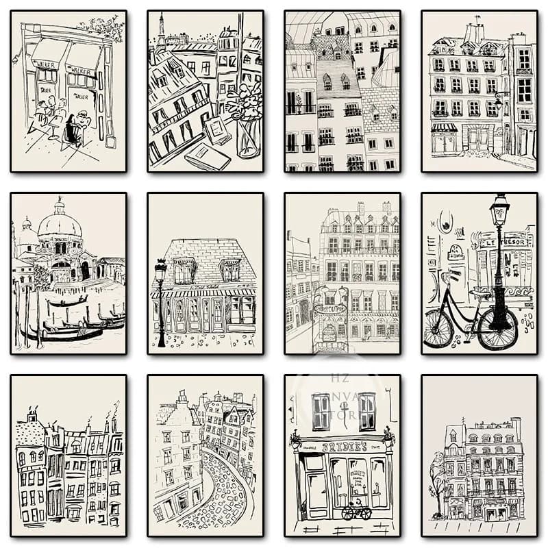 (No frame)French Paris Travel Architecture Minimalist Building Drawing Poster Canvas Printing Wall Art Picture for Living Roo