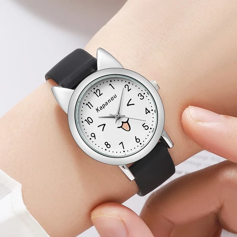 Cute cat ear watch for women, fashionable soft tape candy colored watch