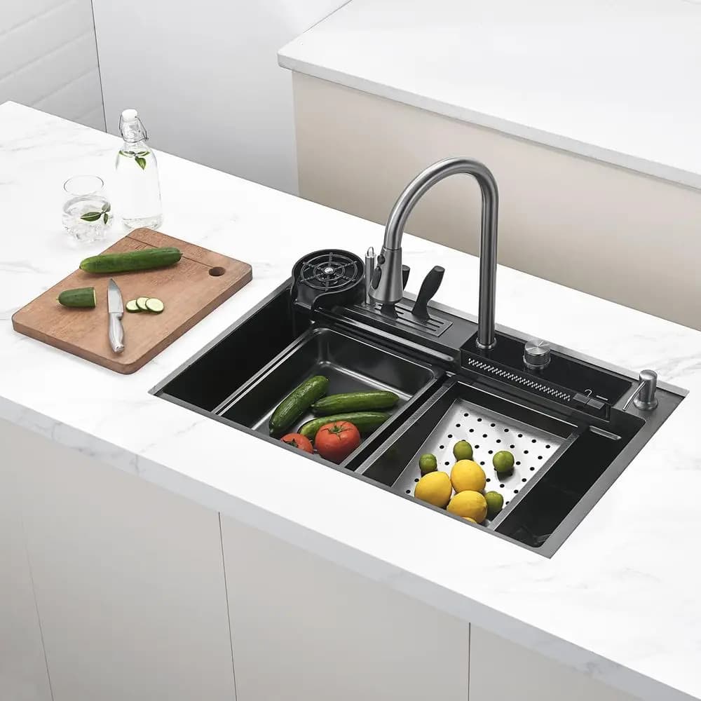 Set Lavello Cucina con Rubinetto Estraibile in Acciaio Inox 304 Grigio, con Supporto Manopola, Cestello Scolapiatti, Vasca Interna, Tagliere e Indicatore Temperatura