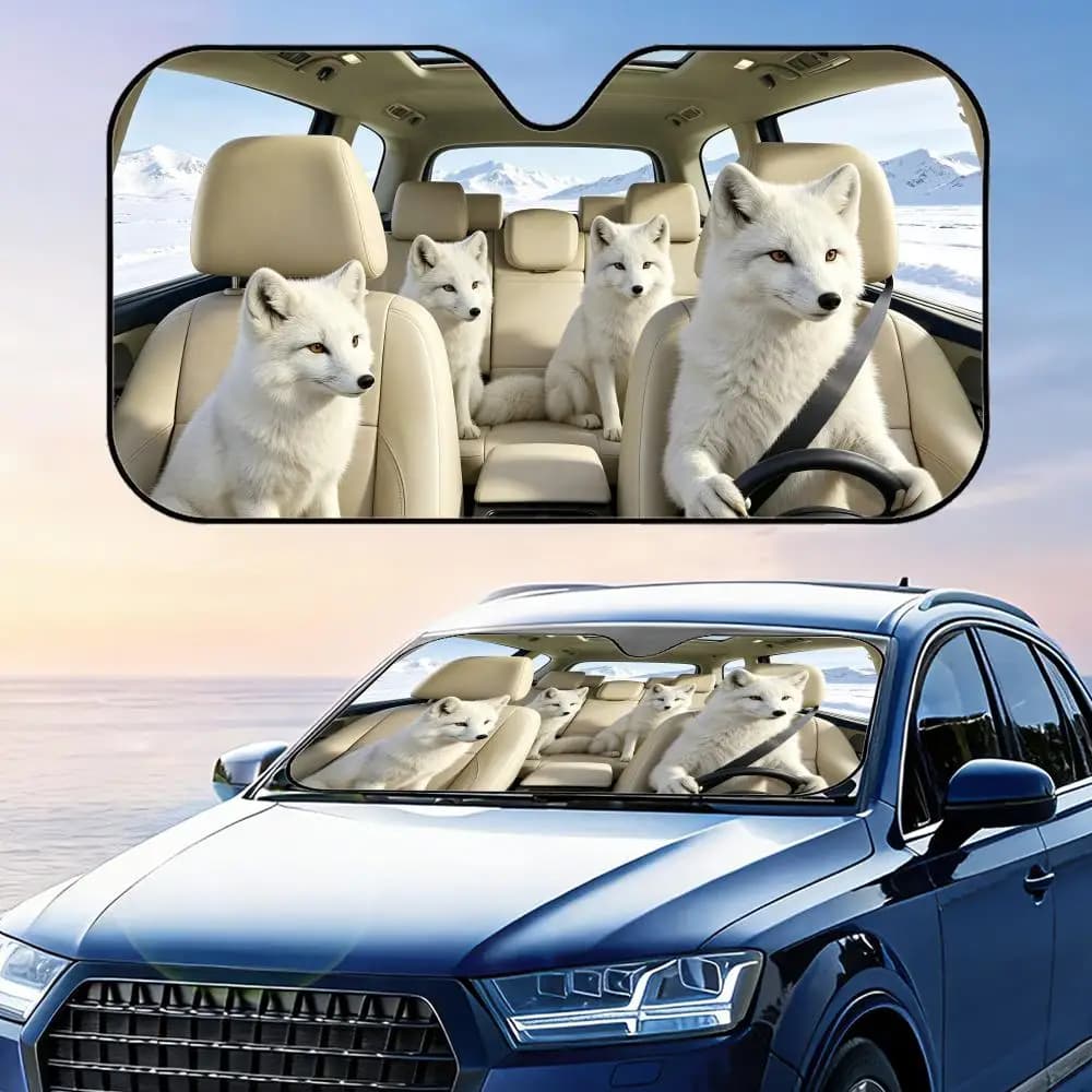 Parasole Pieghevole Universale per Auto con Volpe Artica, Protezione UV e Isolamento Termico