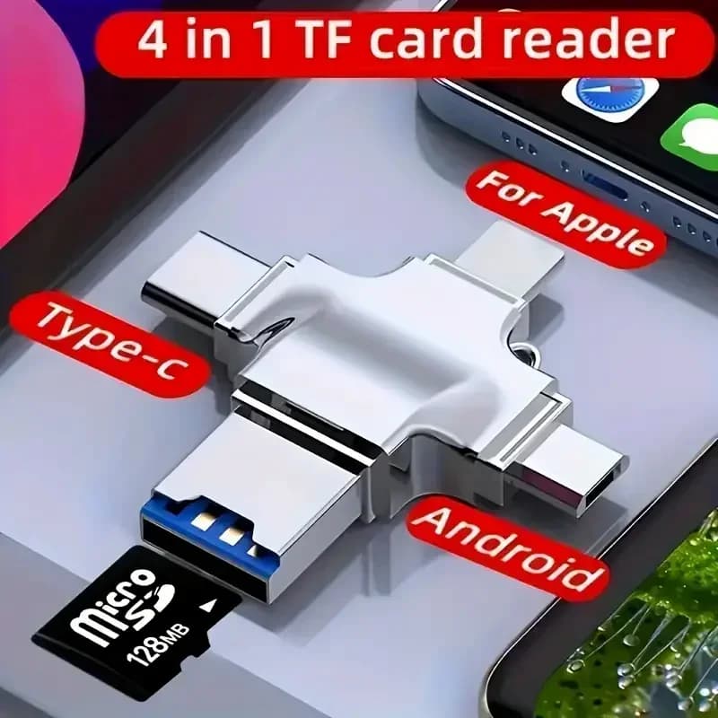 Lettore di schede 4 in 1 per iPhone/Android | Adattatore USB-C e USB | Lettore universale di unità flash per telefoni cellulari e computer