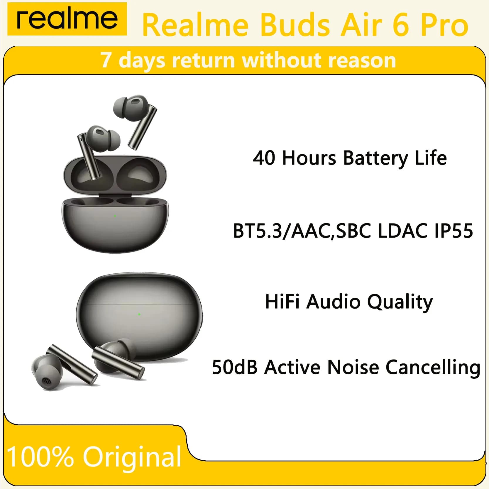 Original Oppo Realme Buds Air 6 Pro Earphone Bluetooth 5.3 20H Battery Hi-Res LDAC 50dB Noise Reduction 2.0 Wireless Headphone
