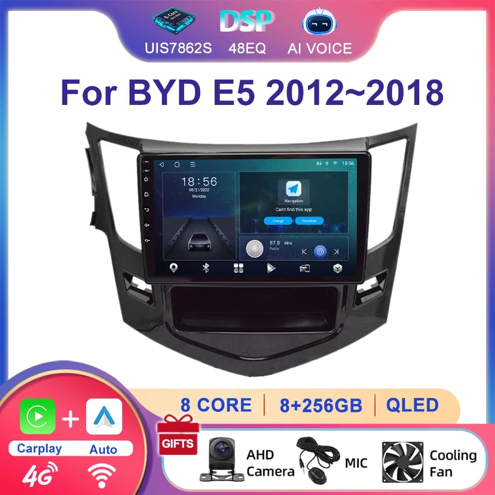 9 Inch 2 DIN 8 Core Car Stereo Player with WiFi 4G DSP GPS Radio Navigation Android Auto Carplay for BYD E5 2012-2018