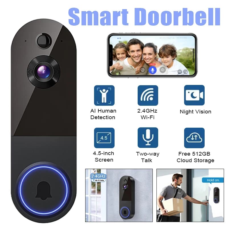 Campanello Wireless con Telecamera 1080P, Alta Definizione, Visione Notturna, Rilevamento Movimento PIR, Audio Bidirezionale, per Casa e Ufficio