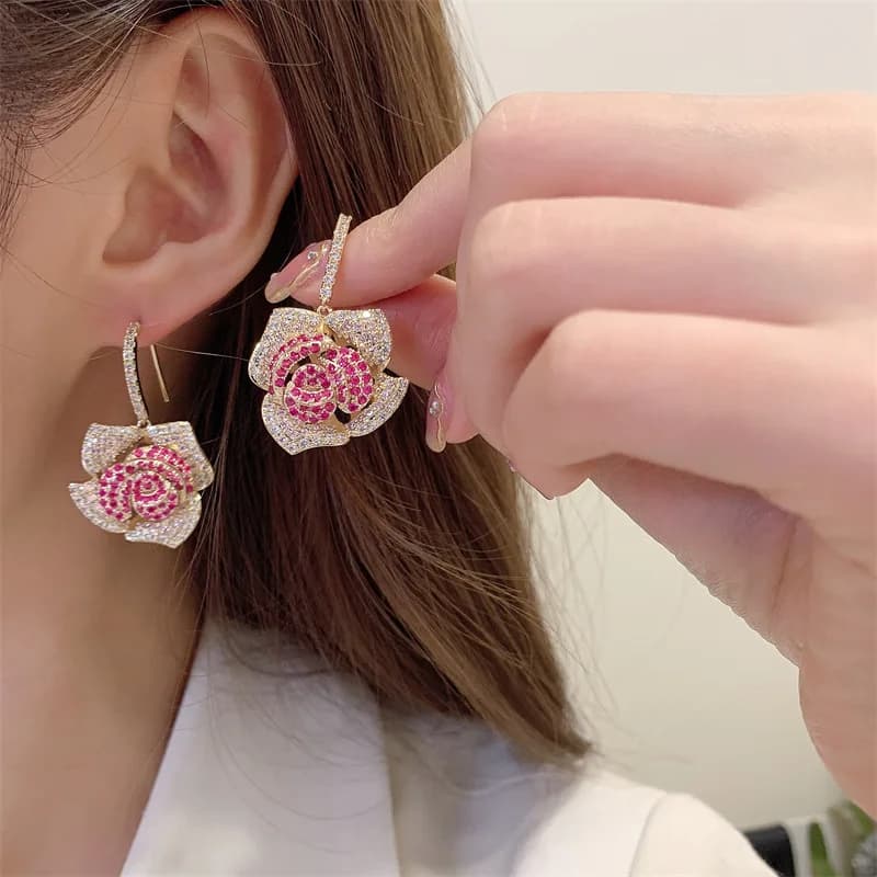 Rose Flower Charm Full Cubic Zirconia Sweet Earring Brass Material 18 K Gold Plated Luxury Earring