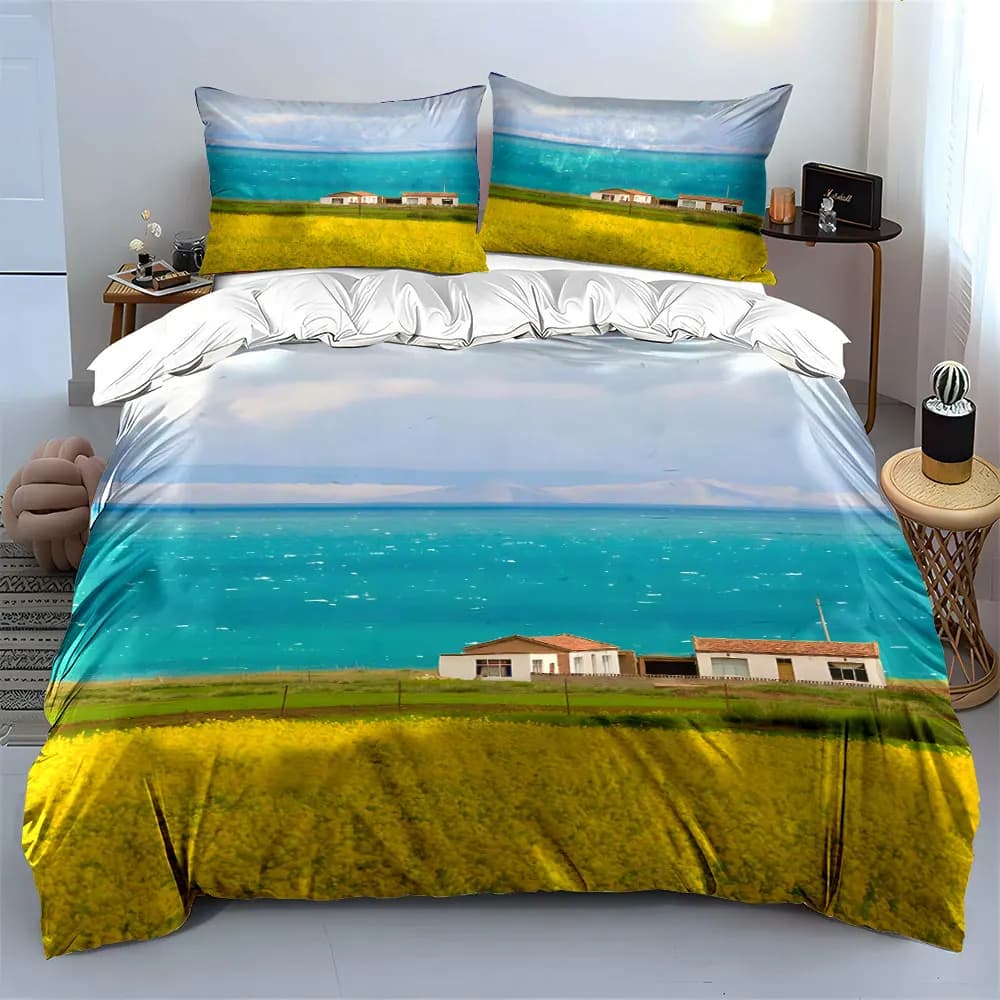 Bellissimo set di biancheria da letto con decorazioni paesaggistiche, con 1 copripiumino e 2 federe, singolo, matrimoniale, king, queen, regalo